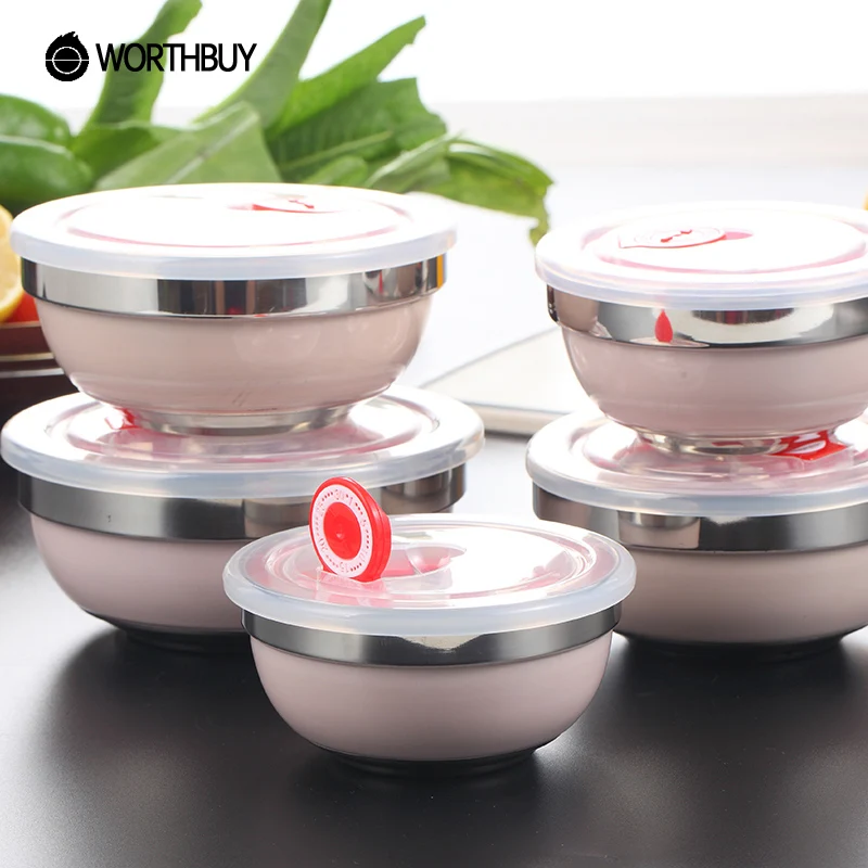 WORTHBUY 1Pcs Stainless Steel Rice Bowl Colorful Baking Finish Salad Fruit Soup Thermos For Food With Leak Proof Lid|rice bowl|stainless steel rice
