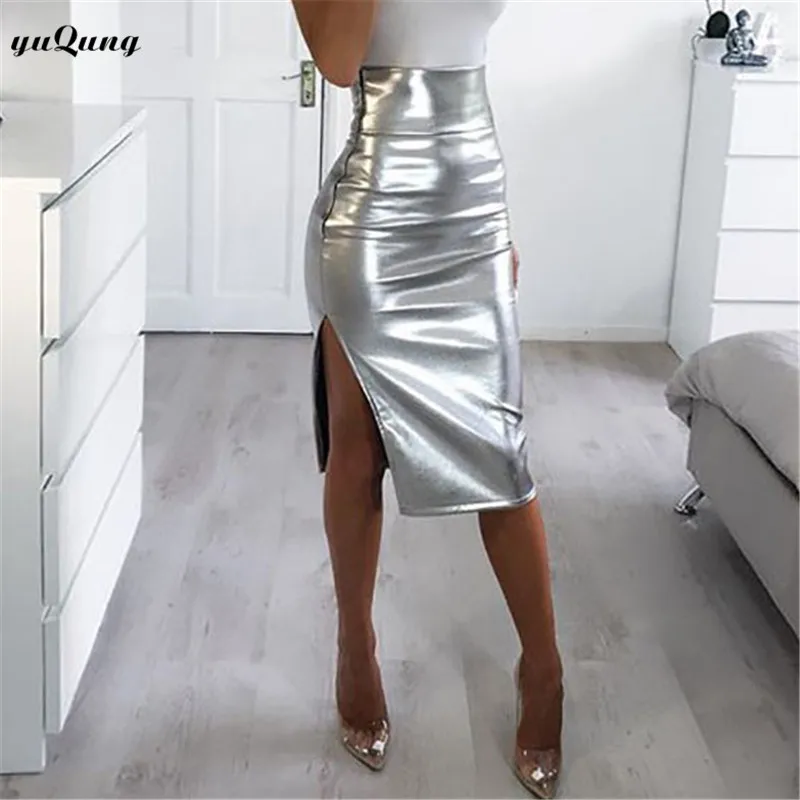 Yuqung silve lycra искусственная кожа Женская юбка миди в стиле 90-х винтажная короткая юбка с разрезом Весенняя повседневная юбка с высокой талией A76