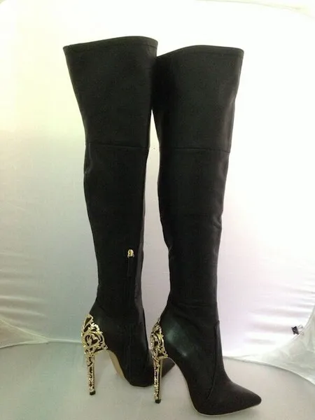 Real Photo Hot Selling Pointed Toe Black Red Suede Leather Gold-tone Baroque Decoration Heel Over The Knee Boots High Heel Pump Women's Shoes