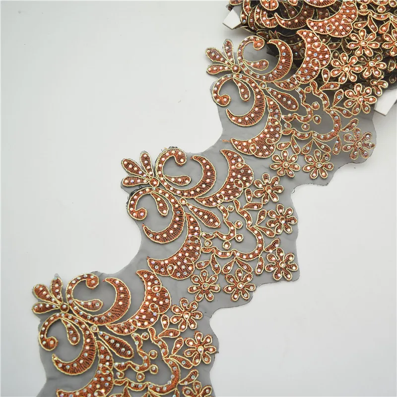 5yards Orrange Sewing on Embroidered Rhinestone lace trim Bridal