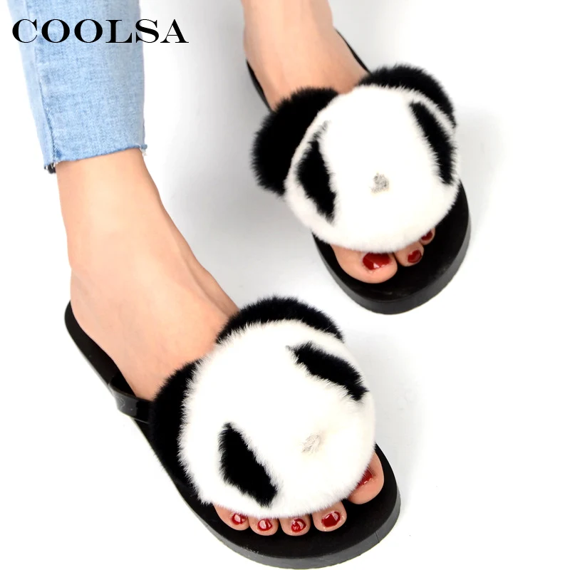 

Coolsa Women Flip Flops Pom Pom Fur Sandals Fluffy Real Rabbit Hair Cartoon Heart-Shaped Indoor Slippers Lady Cute Plush Shoes