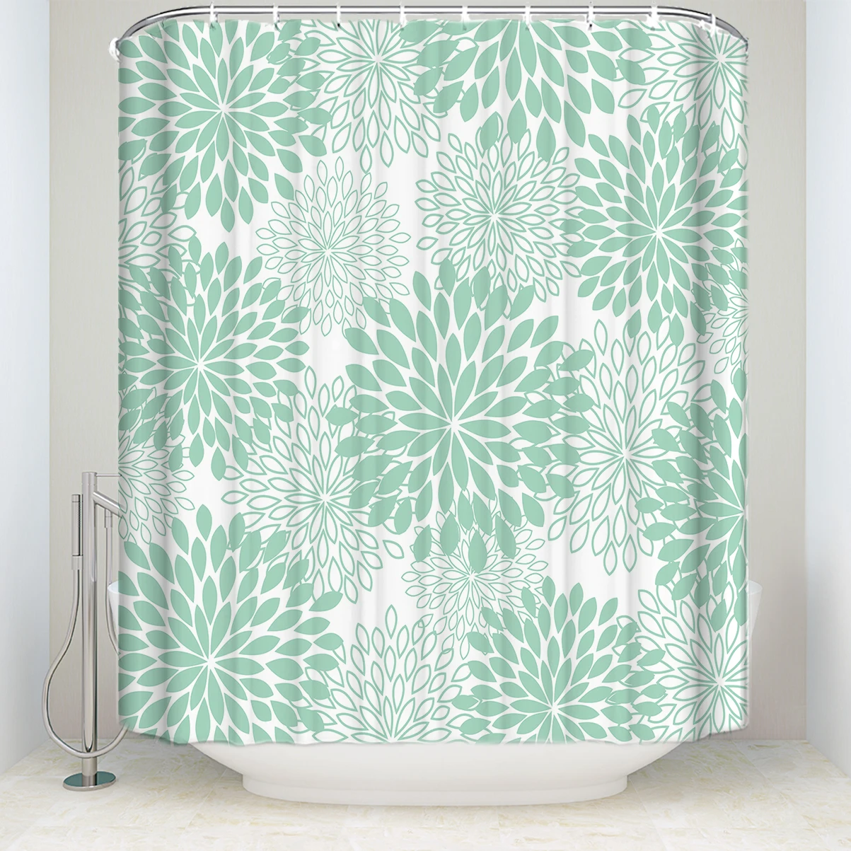 New Arrival Waterproof Floral Printed Shower Curtain with Hooks