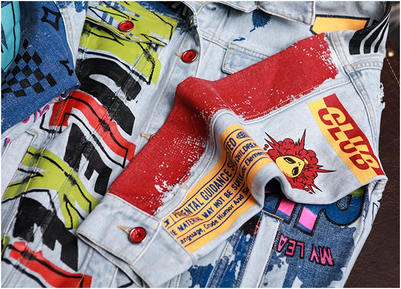 Унисекс Harajuku уличная хип-хоп джинсовая куртка с принтом граффити джинсовая куртка с длинным рукавом для женщин Лоскутная Повседневная Верхняя одежда