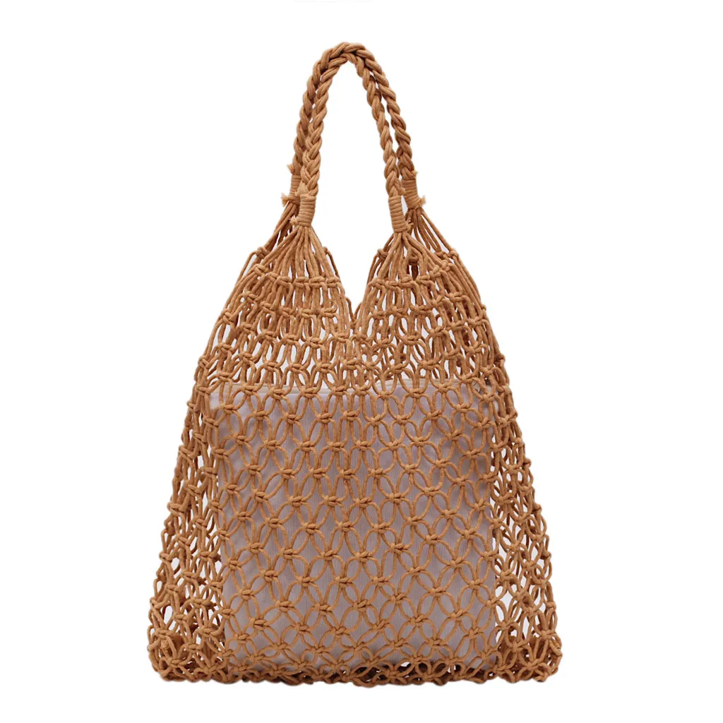 Женская тканая сумка через плечо, одноцветная сумка, Сетчатая Сумка для шопинга, женская летняя сетчатая тканая пляжная сумка, сумка-тоут, 2 шт., дорожная сумка - Цвет: Хаки