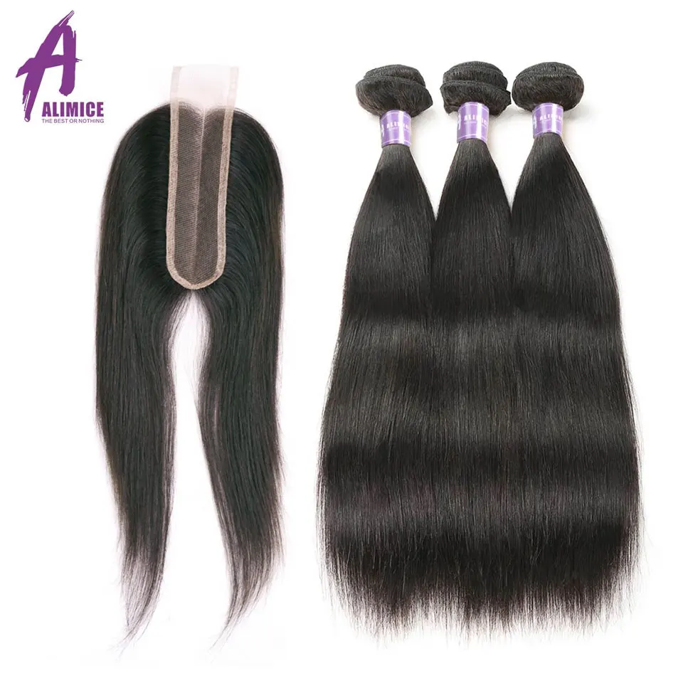 ALIMICE Indian Straight Hair 3 Bundles With Closure 26 Middle Part Hair Extension With Closure Human Hair Bundles With Closure (50)