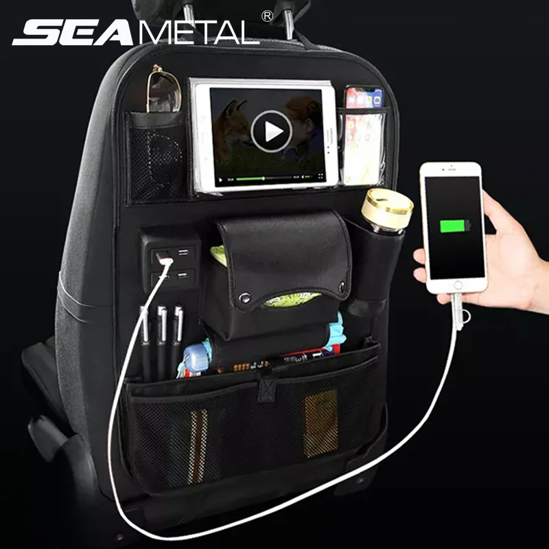 

Accessories car seat back bag folding table organizer On Car 4 USB Charger Storage Pu Leather Travel Auto Stowing Tidying Pocket