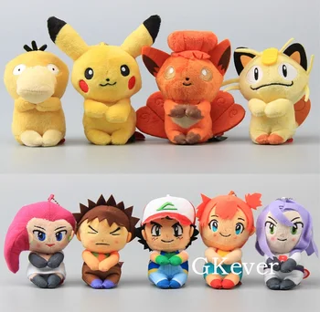 

Wholesale 60 Pcs/Lot 9 Styles Pikachu Psyduck Vulpix Meowth Ash Ketchum Brock 12 CM Plush Pendant with Keychain Figure Toy Doll