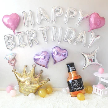 

Foil Happy Birthday Letter Balloons pink Heart air ballon Party Decoration Golden Crown Champagne Glasses Whiskey Bottle Balloon