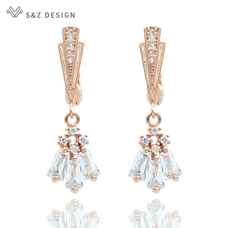 

S&Z New Arrivals Micro Wax Inlay AAA Zircon Dangle Earrings 585 Rose Gold For Japan/South Korea Women Trendy Party Jewelry