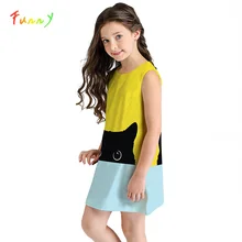 Платья для девочек г. Летние вечерние мини-платья для девочек с милым рисунком кота повседневный костюм принцессы для девочек без рукавов Одежда для детей от 10 до 12 лет