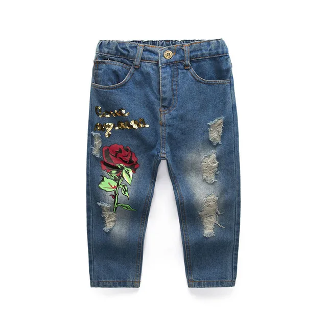 R& Z/Одежда для маленьких девочек; хлопок; новая весенняя футболка с длинными рукавами и круглым вырезом; джинсы с принтом розы; детская одежда - Цвет: Синий