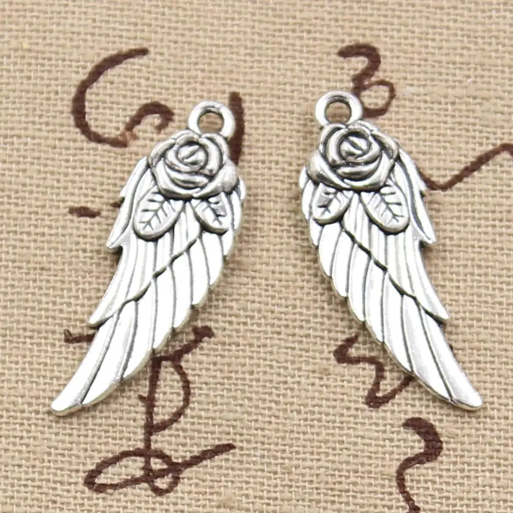 12pcs Charms Angel Wings Flower 30x12mm Antique Bronze Silver Color