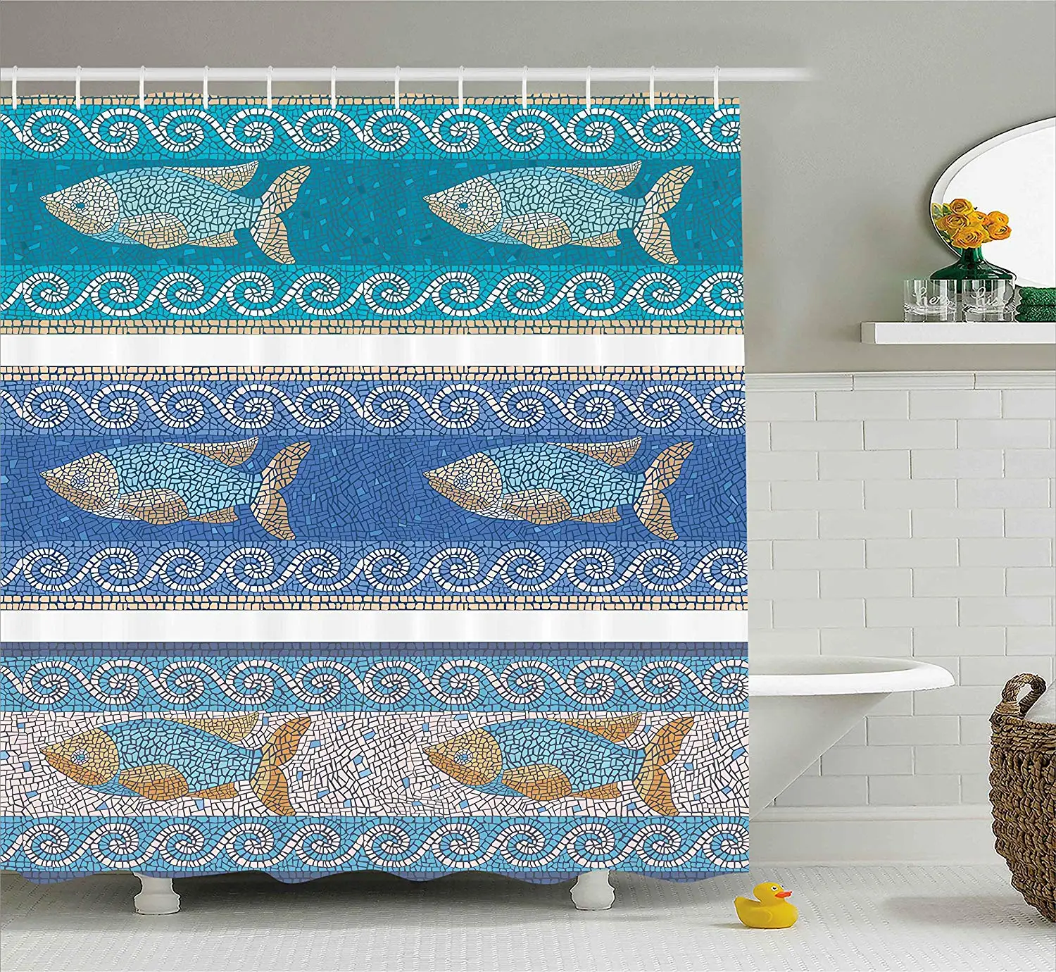 

Mosaic Decor Shower Curtain, Ancient Style Byzantine Ceramics Inspired Marine Fractal Fish Pattern Artwork, Fabric Decor