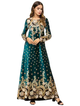 

Autumn Woman Long Sleeve Muslim Dress Round Collar Floral Print Elegant Party Cocktail Ethnic Style Kaftan Turkey Islamic Dress
