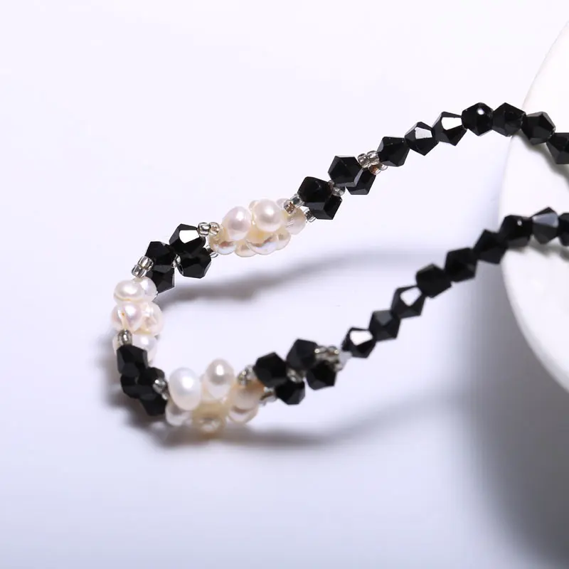 Black White Stylish Pearl Bracelet, Handmade 4 mm Crystal with 4-4.5 mm Nearly Round Pearl flower bracelet, holiday gifts