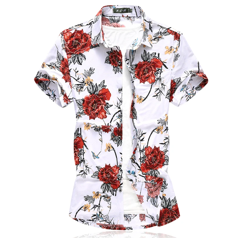 M-7XL повседневные мужские рубашки slim fit рубашки для мужчин эластичные мерсеризованные хлопковые с коротким рукавом мужские рубашки с принтом - Цвет: Красный