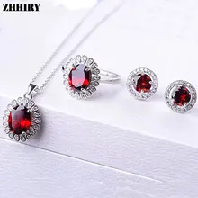 ZHHIRY Женский комплект ювелирного изделия с натуральным камнем гранатовый самоцвет камень Подлинная кольцо из стерлингового серебра 925 серьги кулон цепь