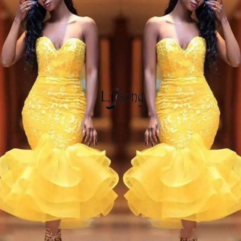 Yellow Sweetheart prom dresses Lace Appliques Organza Ruffles Mermaid Abendkleider Tea Length Cocktail Party elegant evening formal dresses109