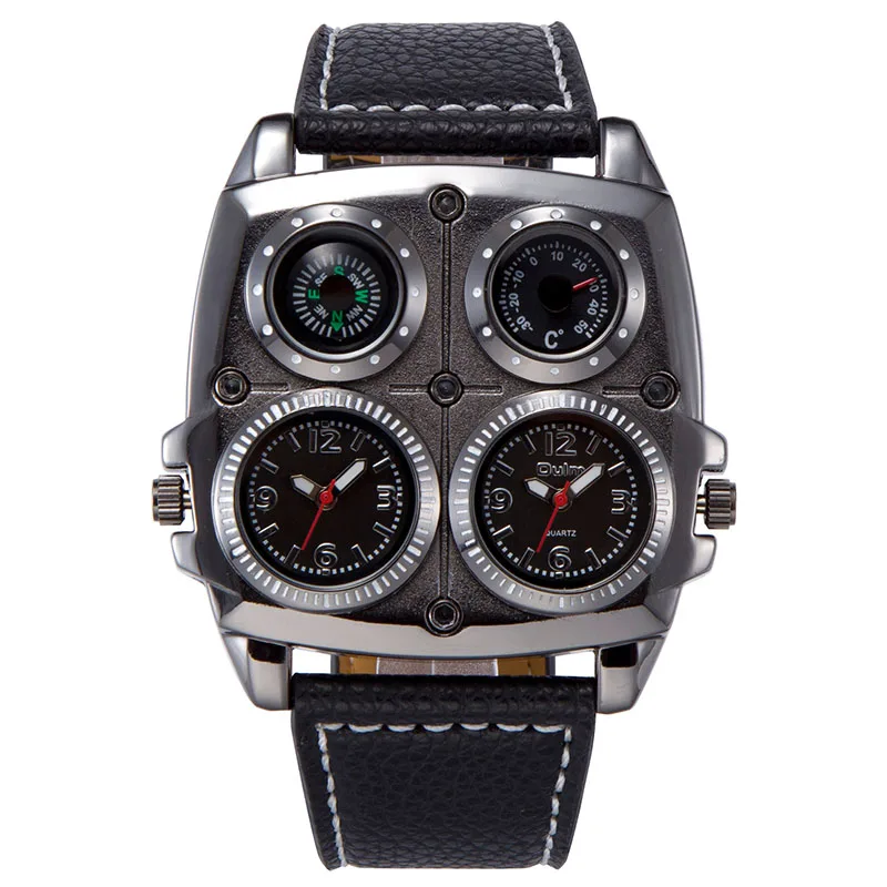 

Oulm Wrist Watch Big Dial Dual Time Zone Japan Quartz Movement With Decoration Compass and Temperature Men's Quartz Watch