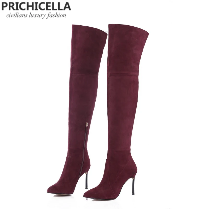 PRICHICELLA 8 см 10 см серый натуральная кожа сапоги выше колена высокие ботинки size34-42 - Цвет: Красный