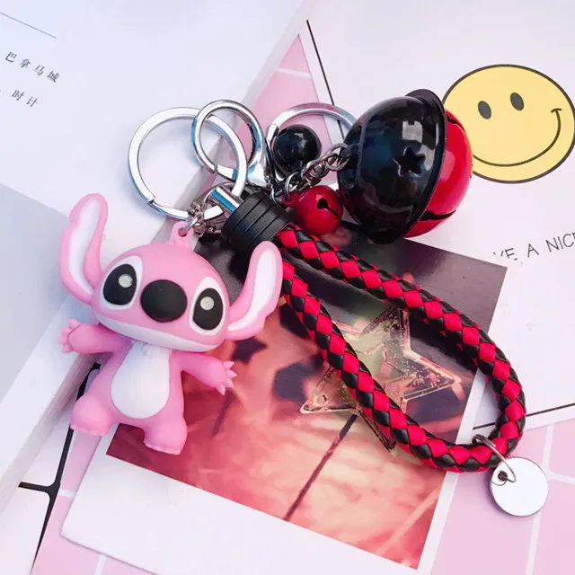 Lilo&stitch couple pink PVC key chain keyring with bell bag pendant model key Lilo&stitch couple pink PVC key chain keyring with bell bag pendant model key
