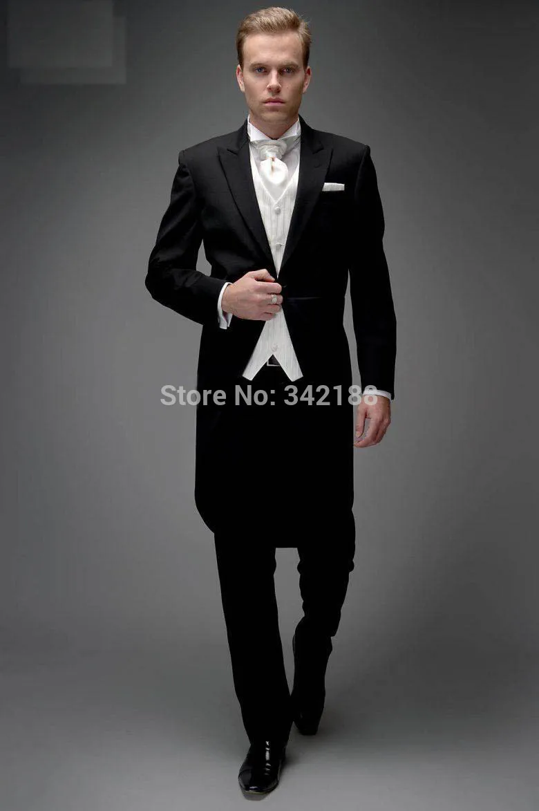 

Morning style Black Peak Lapel Groom Tuxedos Groomsmen Men Wedding Suits Best man Suits Prom Clothing (Jacket+Pants+Vest+Tie)wed