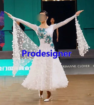 

New Modern Waltz Tango Ballroom Dance Dress, Smooth Ballroom Dress,flowers Standard Ballroom Dress Girls,white,tango salsa samba