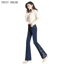 Новые женские расклешённые джинсовые брюки с вышивкой, высокая талия, женские повседневные джинсы с цветочным рисунком, высококачественные узкие облегающие брюки
