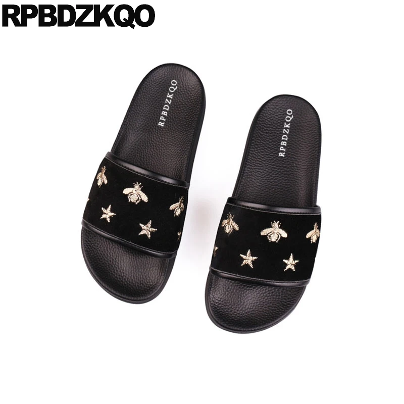 

Bee Open Toe Embroidery Soft Slip On Ladies Pink Designer Sandals Women Luxury 2018 Velvet Slides Wide Fit Flat Black Shoes