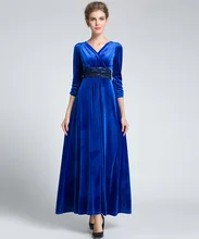 2016 herbst Winter Frauen Plus Größe Samt Kleid 3/4 Hülse Maxi Kleid Abendgesellschaft Vintage Kleid Vestido Longo