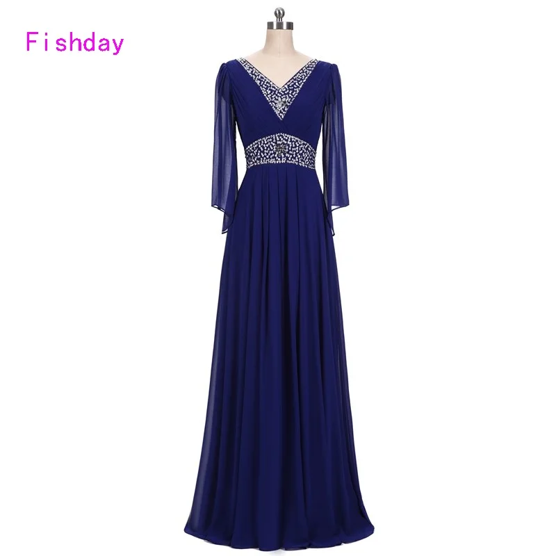 

Fishday Evening Dresses Beaded Long Sleeve Chiffon Royal Blue Elegant Party Plus Size Vestido de Festa Mother of the Bride B20