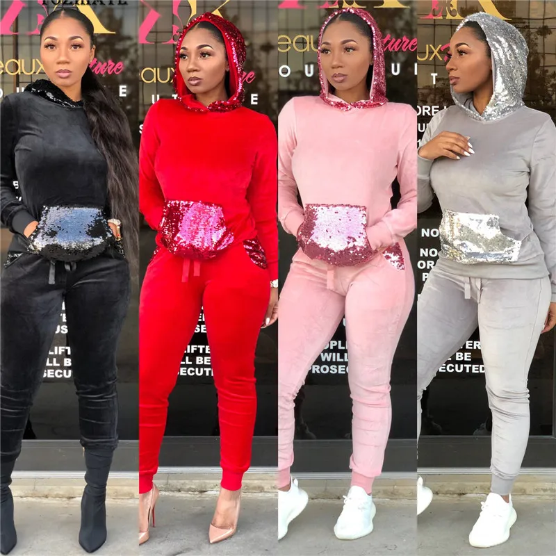 

YOZIHAYL ladies velvet sequined casual suit pocket hooded long-sleeved fashion suit trousers outdoor sports suit