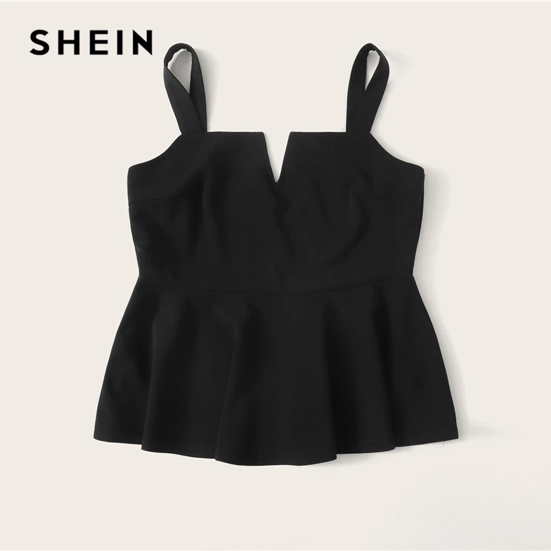 SHEIN زائد حجم أسود V-قطع الرقبة Peplum أعلى النساء 2019 الصيف أنيقة كشكش تنحنح سترة بروتيل مثير الصلبة كاميس قمم سترة