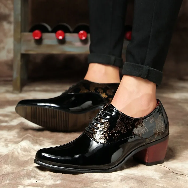 Новинка; мужские туфли-оксфорды с острым носком на высоком каблуке со шнуровкой; Цвет черный, синий; свадебные модельные туфли; мужская обувь, увеличивающая рост