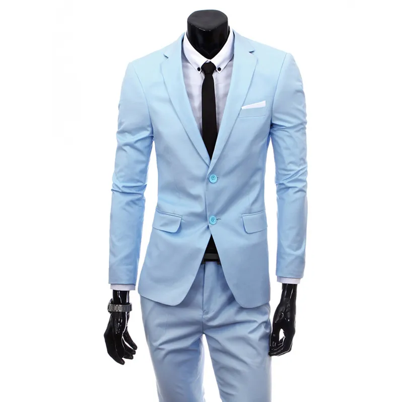 Куртка+ штаны) мужской модный бутик чистого цвета высокого качества брендовый Свадебный вечерний костюм Блейзер Тонкий деловой мужской костюм - Цвет: Light blue 2 buttons