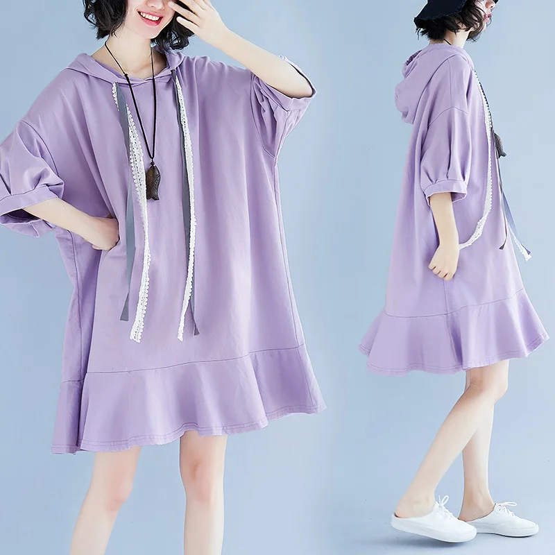 

[EWQ] 2019 Spring Summer Hooded Collar Short Sleeve Solid Colors Patchwork Ruffles Pullvoers Casual Loose Dress Women AD266