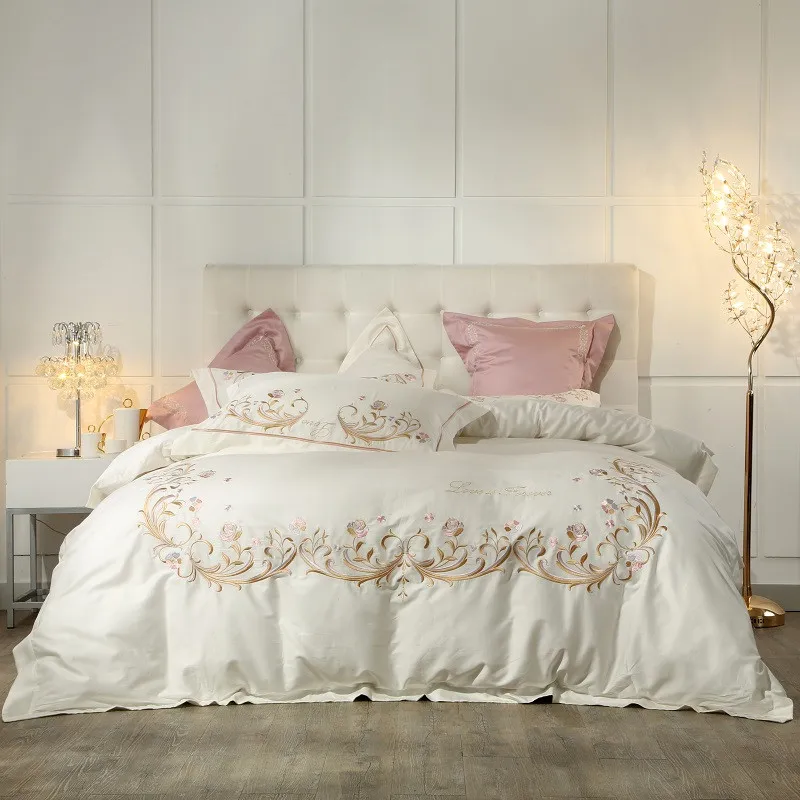 Комплект постельного белья из египетского хлопка кремового цвета в стиле принцессы, цвет: розовый, фиолетовый