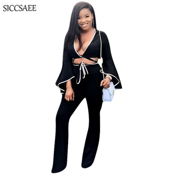 

Deep V Neck Wrap Crop Top Ribbons Flare Sleeve Wide Leg Long Pants Suits Overalls Black Sexy Casual Outfits For Women Two Piece