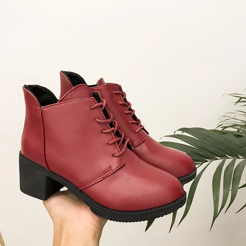 

Ryamag Pu Patent Leather Women Boots British New Spring Square High Heel Casual Lace-Up Ladies Brogue Shoes Woman Botas
