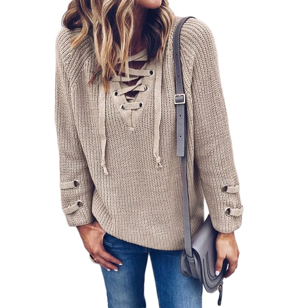 2019 Модный женский вязаный свитер с v-образным вырезом, пуловер с перекрестными завязками, Свободный Повседневный длинный трикотажный