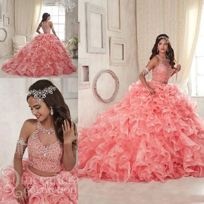 

Luxury Beaded Two Piece Coral Quinceanera Dresses Organza Tiered Skirts Ruffles Jewel Neck Custom Made Sweet 16 Party Dresses