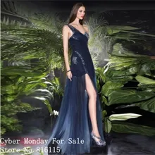 Neue Design Schulter lange prom Kleider Spitze Appliques formale Kleider nach Maß reizvolle Schlitz Abendkleid Abendkleid