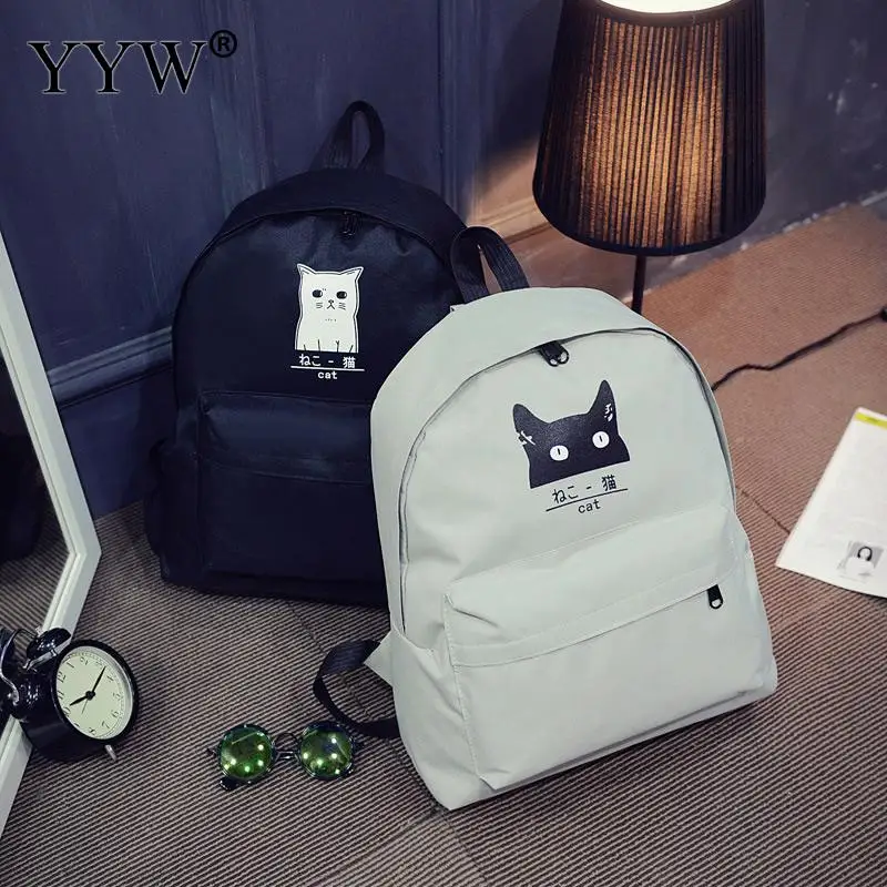 

Cute Cat Canvas Backpack Cartoon Embroidery Backpacks For Teenage Girls School Bag Fashio Black Printing Rucksack mochilas