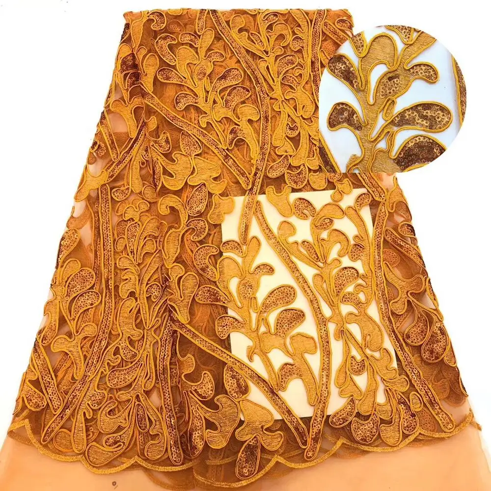 

French lace fabric 5yds/pce burnt orange embroidery sequins mesh fabrics women gorgeous luxury party event bright dress 2019 new