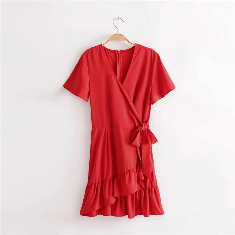 yinlinhe V neck Red Summer Dress Short Sleeve Bow Knot Lace Up Ruffles Dress Women Solid Slim Sexy Bodycon Vestido 10