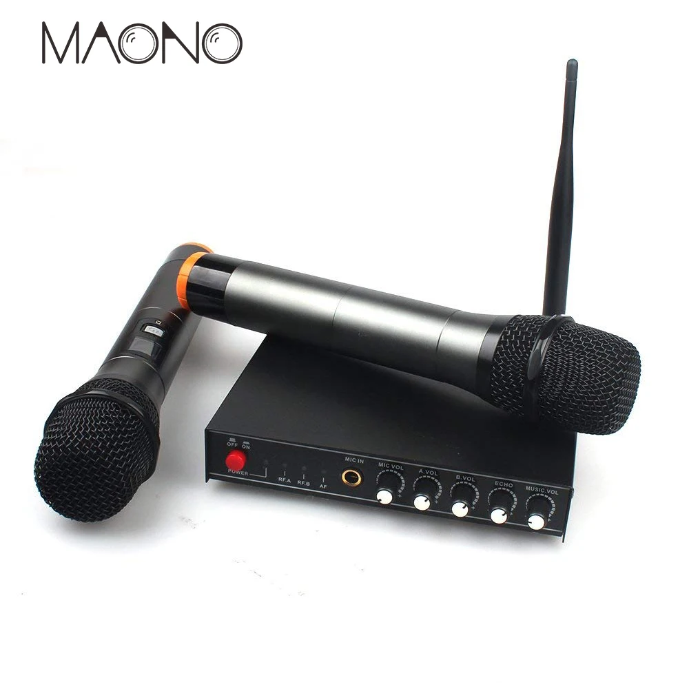 

MAONO Wireless UHF Metal Microphone professional condenser studio Mic Amplifier LCD Display Dual Channel Handheld Karaoke Mixer