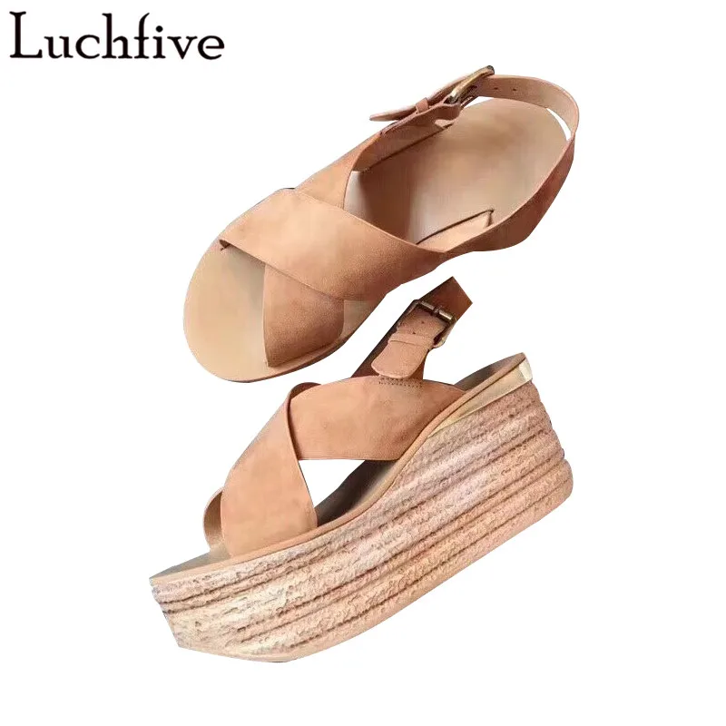 

2019 Summer Wedges Apricot Sandals Sexy Open Toe Buckles Strap Platform Shoes Women Runaway Leisure Zapatos De Mujer