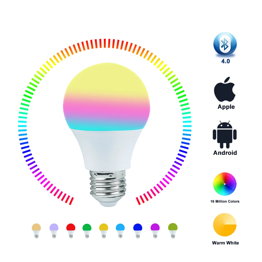 

Smart Bulb E27 LED Lamp 4.5W RGBW Light Bluetooth 4.0 Color Change by APP Dimmable 110V 220V Lightbulb Home Hotel Bar Lamp JQ