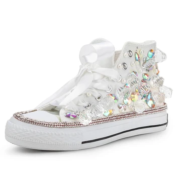 

Women Canvas Shoes High-top Vulcanized Shoes Crystal Sewed Rhinestone Big size 44 Hot Sale Girls Beautiful Sneakers New Designs