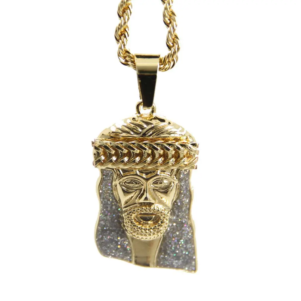 Mens Gold Tone Large Crowned Jesus Iced Out Pendant with Rope Chain